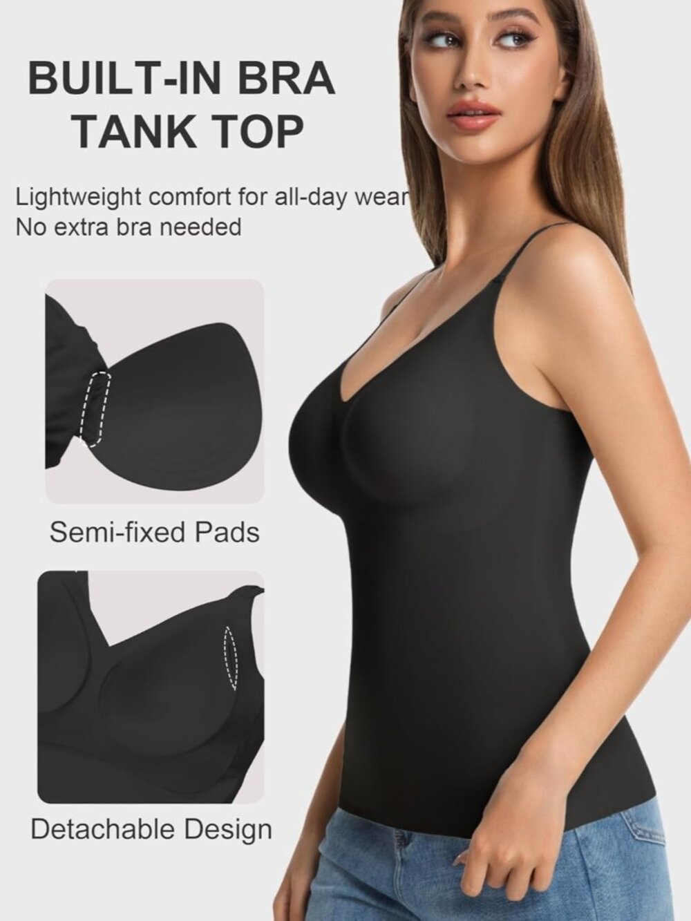 〽️ Women's Black Sleeveless V Neck Lace Seamless Bra Workout Summer Camisole Top - Picture 4 of 6